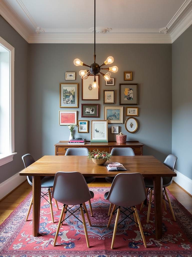 “Eclectic dining room with an antique table, modern chairs, vintage chandelier, gallery wall, patterned rug, and neutral gray walls.”