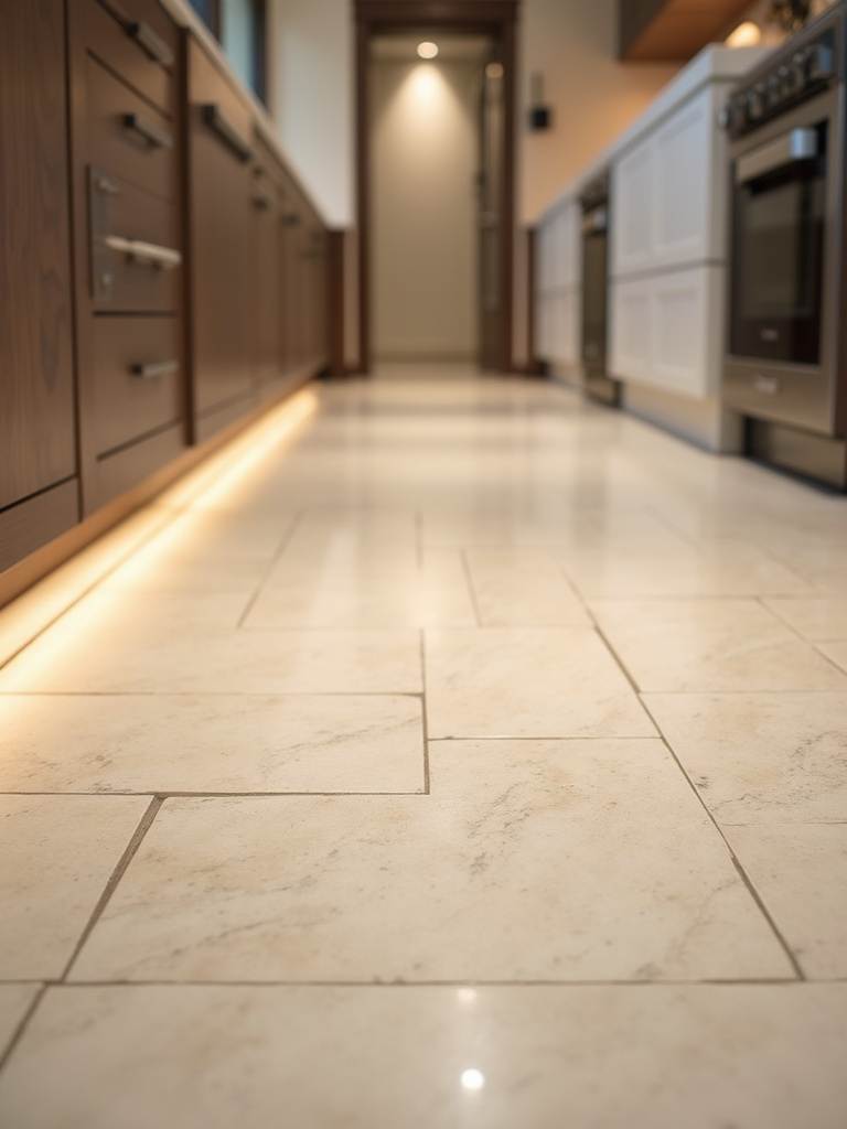 Luxurious heated natural stone (limestone) flooring in a kitchen is highlighted in a low-angle shot, showcasing its warm tones, texture, and underfloor heating.