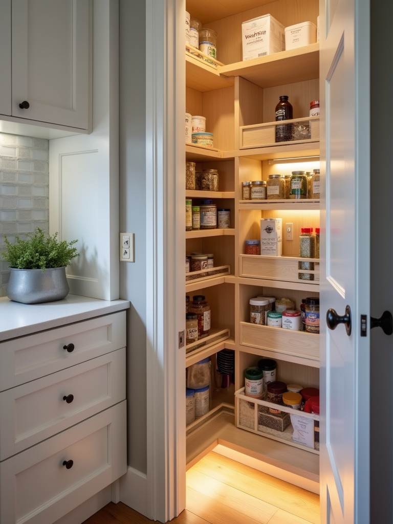 Modern kitchen pantry with pull-out shelves showcasing organized hidden storage solutions.
