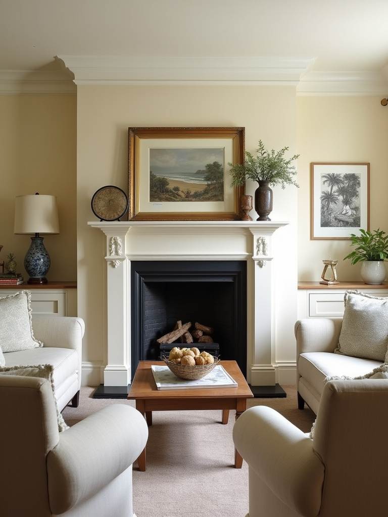 Traditional living room with furniture arranged to highlight a prominent fireplace as the central architectural feature.