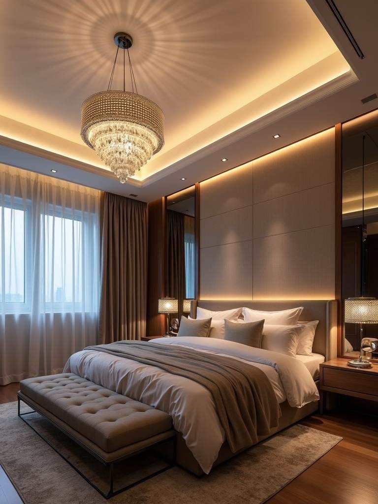 A luxury bedroom showcasing a modern chandelier and layered lighting design, creating a sophisticated and well-illuminated space.