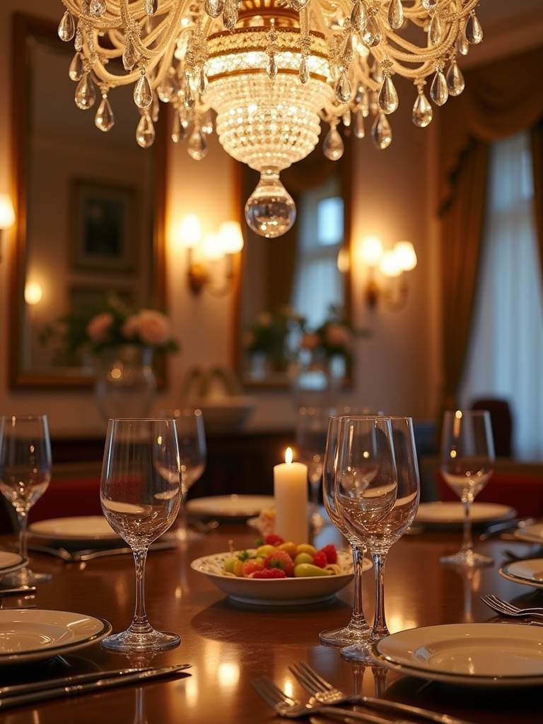 “Elegant dining room lighting with a crystal chandelier, sconces, and warm ambiance, creating a sophisticated atmosphere.”