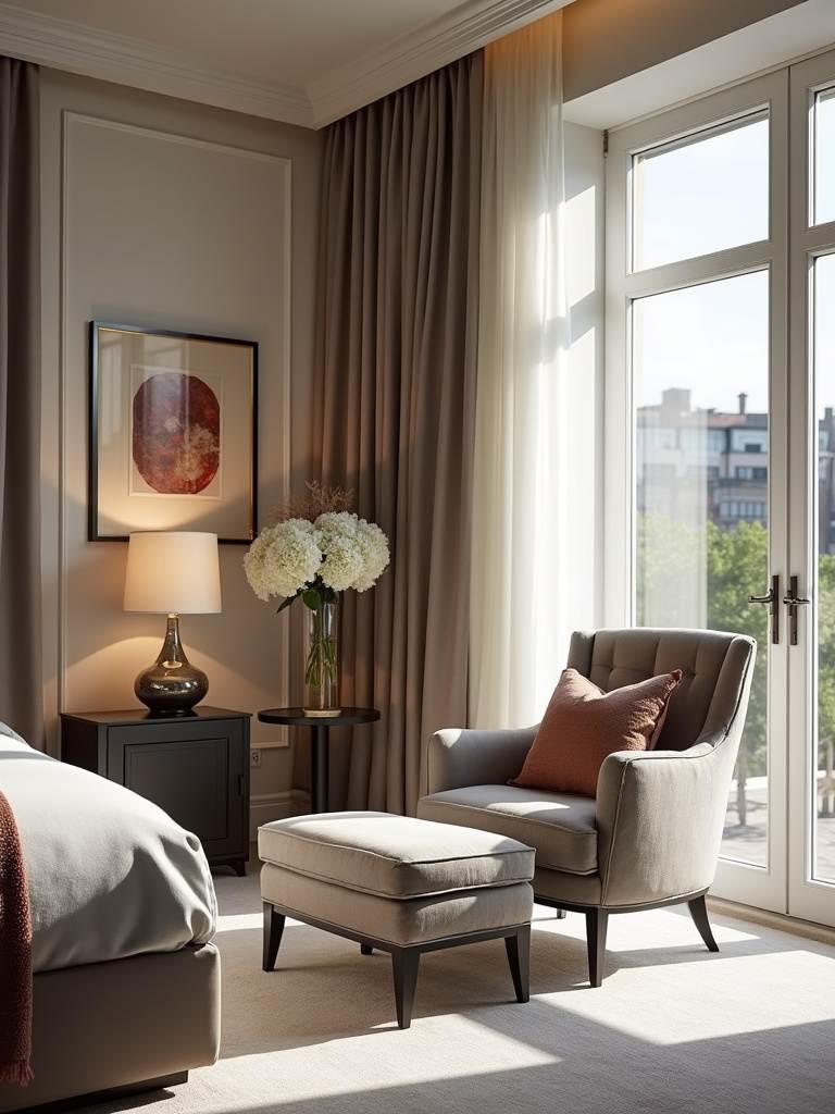 A chic seating area in a luxury bedroom featuring a stylish armchair, ottoman, side table, lamp, and decorative cushions, placed by a window with natural light.