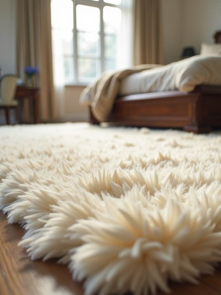 A close-up view of a soft, cream-colored wool rug in a luxury bedroom, with a glimpse of a king-size bed and natural light.
