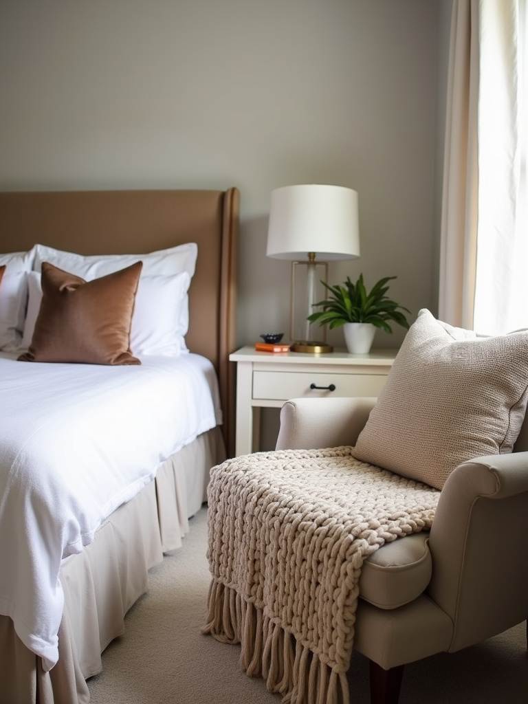 Cozy bedroom featuring soft textures like velvet throw pillows and a chunky knit blanket.