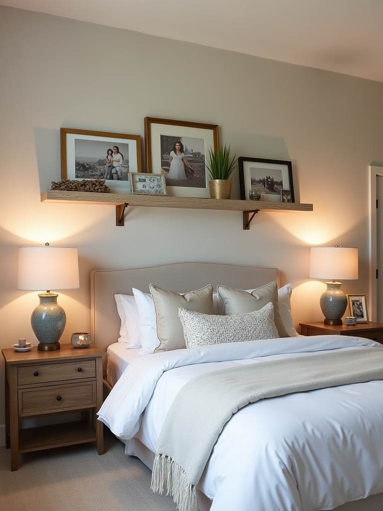 Cozy bedroom infused with personality through sentimental decor items like photos and souvenirs.