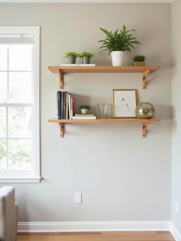 Living room wall with simple DIY floating shelves displaying books, plants, and decorative objects.