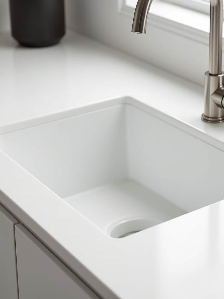 Integrated white quartz sink seamlessly blended into a white quartz countertop in a modern kitchen.
