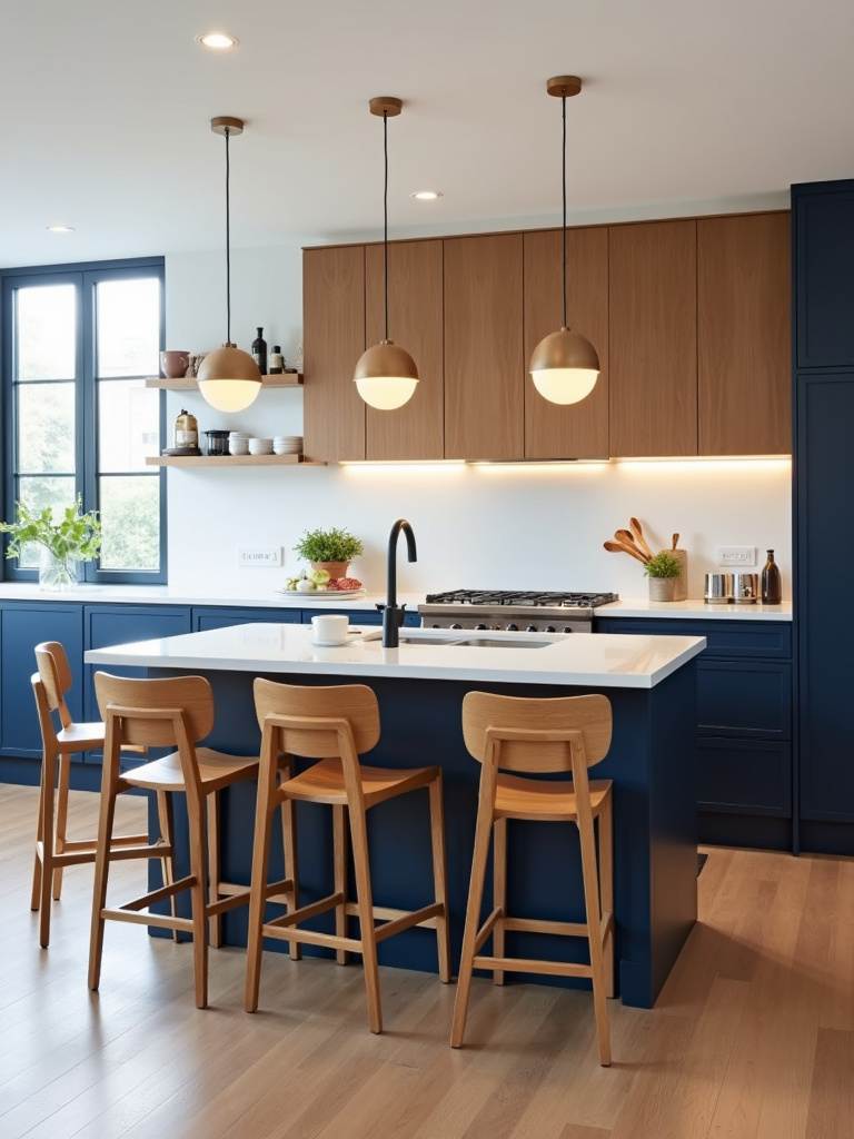 Modern kitchen island with bar stool seating for casual dining and gathering.