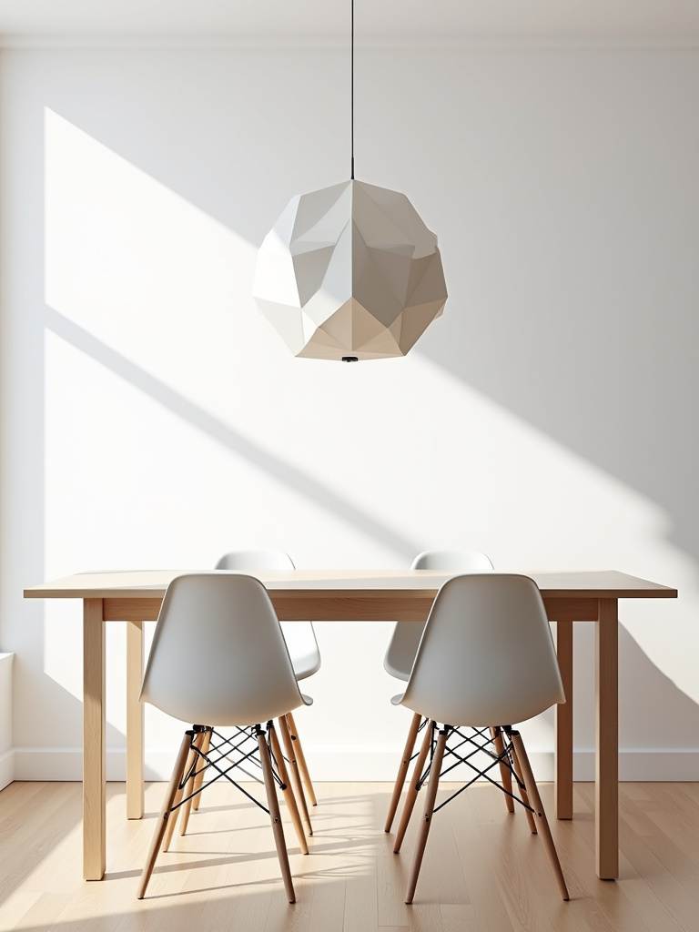 “Modern minimalist dining room with a light wood table, white chairs, geometric pendant light, and white walls.”
