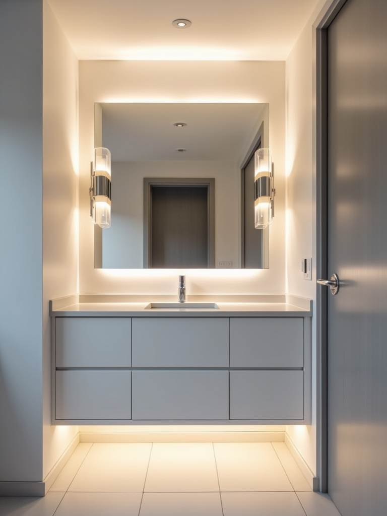 Small modern bathroom showcasing layered lighting with recessed ceiling lights, vanity sconces, and under-cabinet LED strip lighting, creating a bright, functional, and inviting atmosphere.