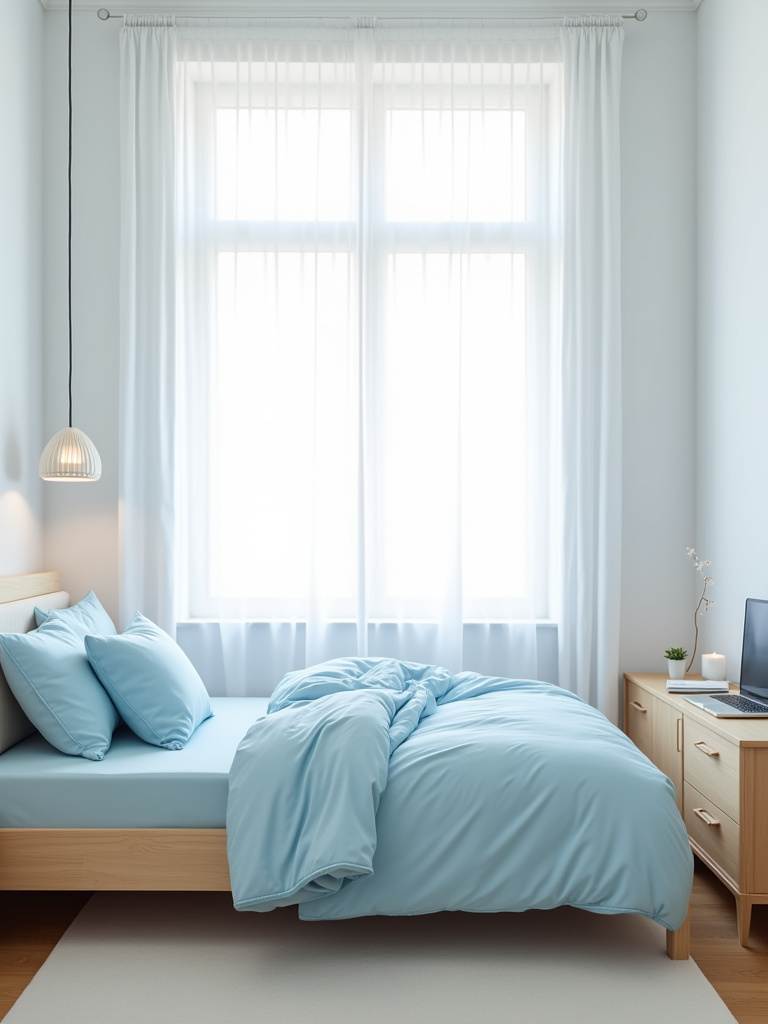 Small bedroom with a light blue and white pastel color scheme, creating a bright and spacious atmosphere.