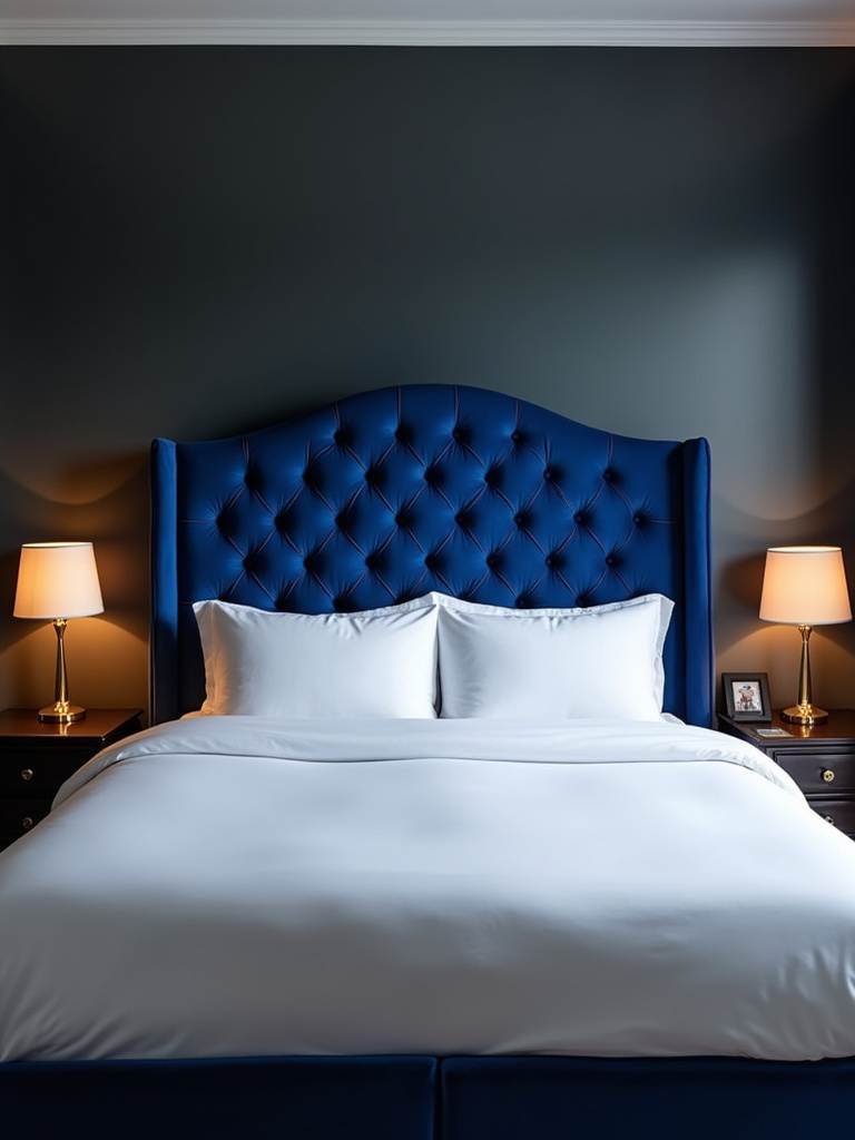 Bed with a luxurious, deep royal blue velvet tufted headboard, crisp white bedding, and warm gold bedside lamps.