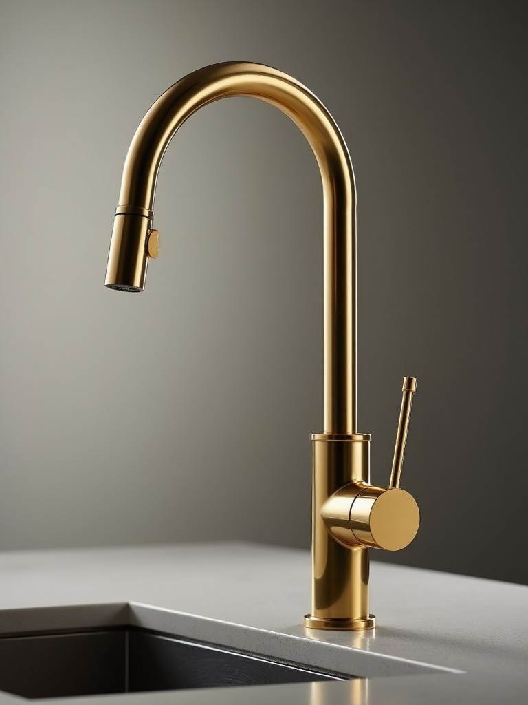 A luxurious polished gold kitchen faucet with a pull-down sprayer is showcased in a close-up studio shot, highlighting its elegant design and gleaming finish.
