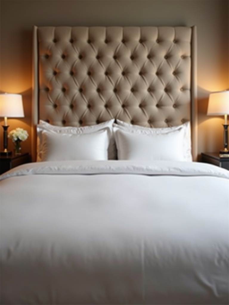 A luxurious bedroom featuring a king-size bed with a tall, beige tufted velvet headboard, complemented by soft lighting and white linens.