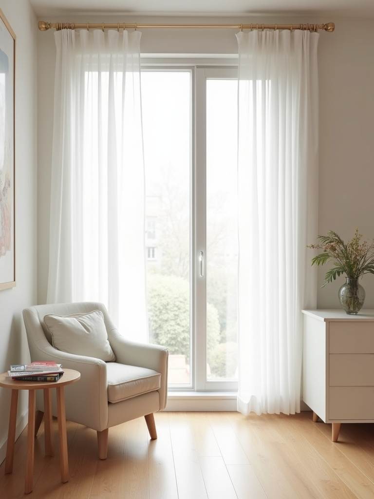 Small bedroom with a large window and sheer white curtains, maximizing natural light and creating a bright atmosphere.