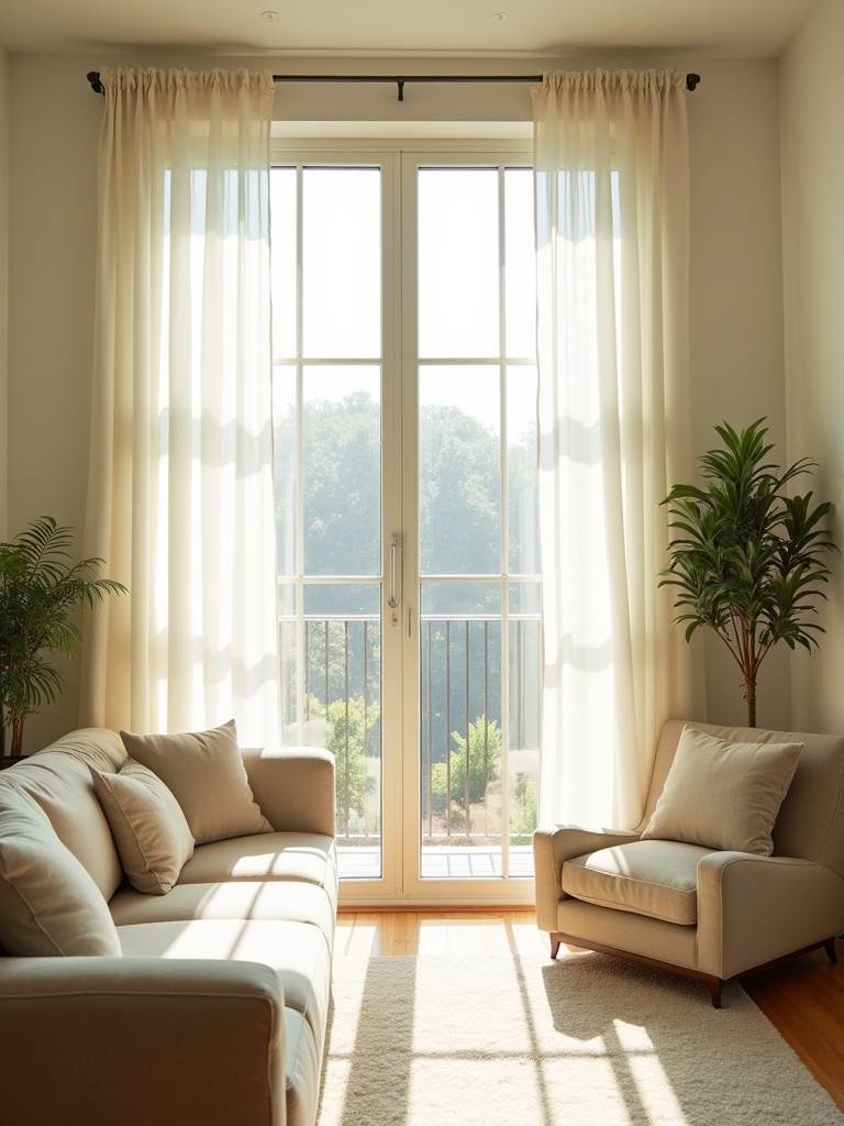 Sun-drenched living room with large windows and sheer curtains, maximizing natural light.