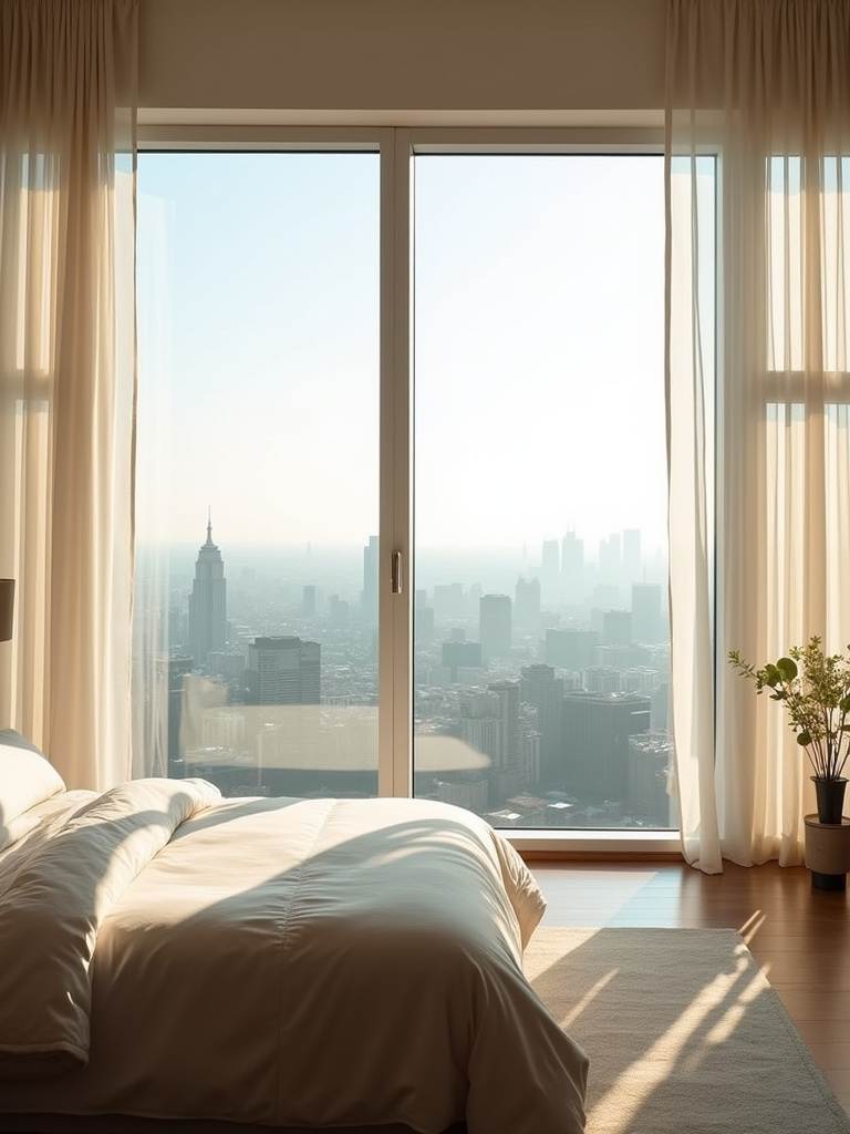 A luxury bedroom featuring floor-to-ceiling windows that offer a stunning outdoor view and fill the room with natural sunlight, diffused by sheer curtains.