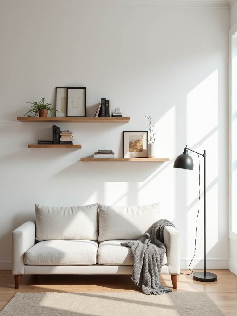 Modern minimalist living room utilizing vertical space with wall shelves above a sofa, maximizing storage and creating a sense of spaciousness.