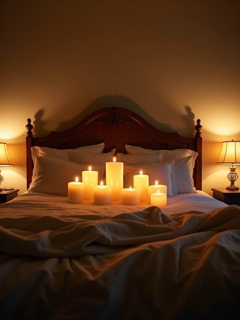 Cozy bedroom with candle arrangements mimicking fireplace warmth, creating a warm and inviting atmosphere.
