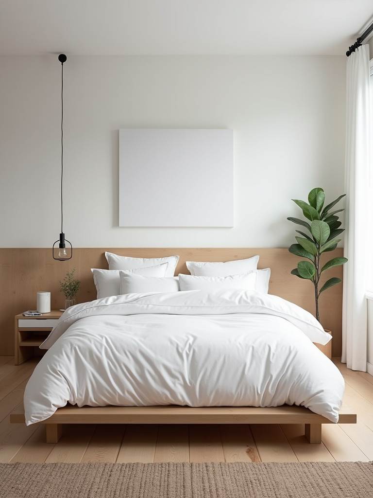 Small modern bedroom with a low-profile light wood platform bed frame, creating a minimalist and open feel.