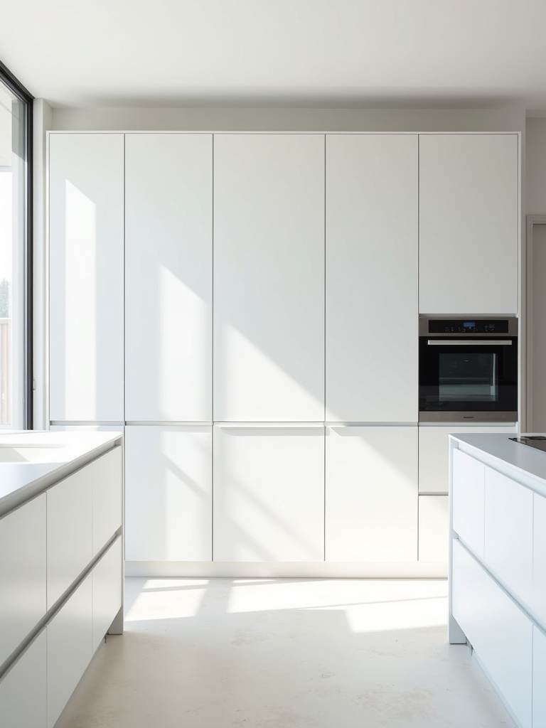 A minimalist luxury kitchen with handleless white cabinetry, a clean white countertop, and integrated appliances is bathed in bright natural light, showcasing its uncluttered and streamlined design.
