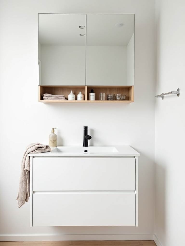 Small Scandinavian bathroom featuring a large frameless mirrored cabinet above a white vanity, providing both reflective surface and hidden storage in the bright, minimalist space.