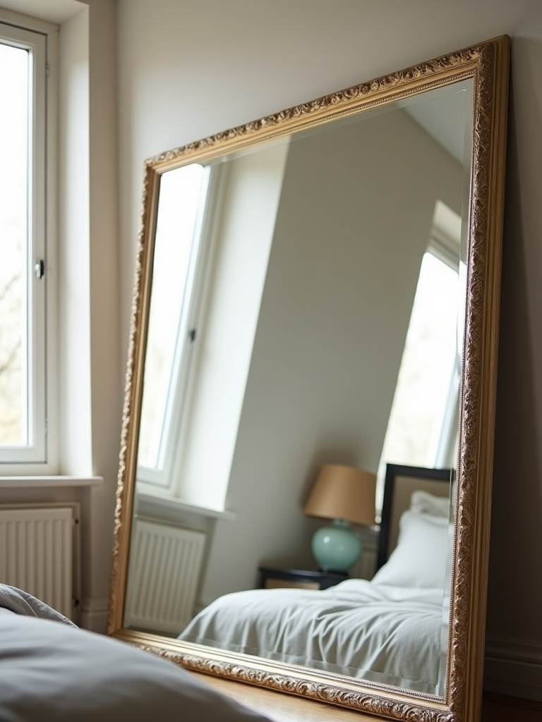 Large framed mirror leaning against a wall in a bedroom reflecting soft light.