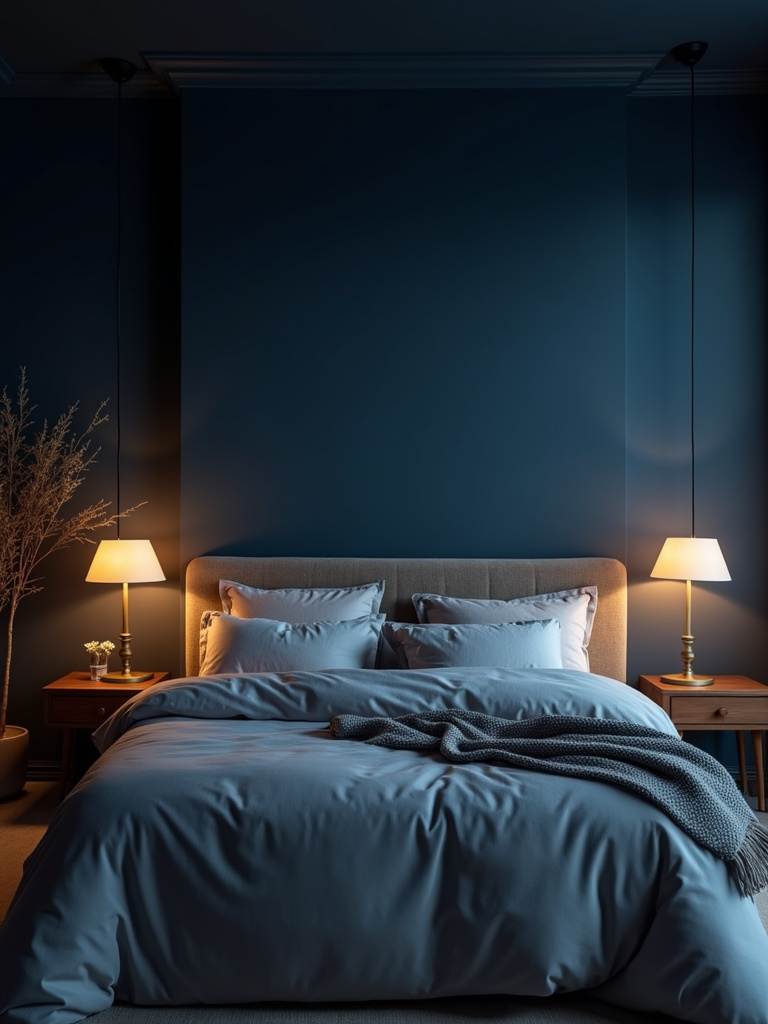 Bedroom with moody dark blue walls, warm bedside lamp lighting, light-colored bedding, and rich textures creating an intimate and luxurious atmosphere.