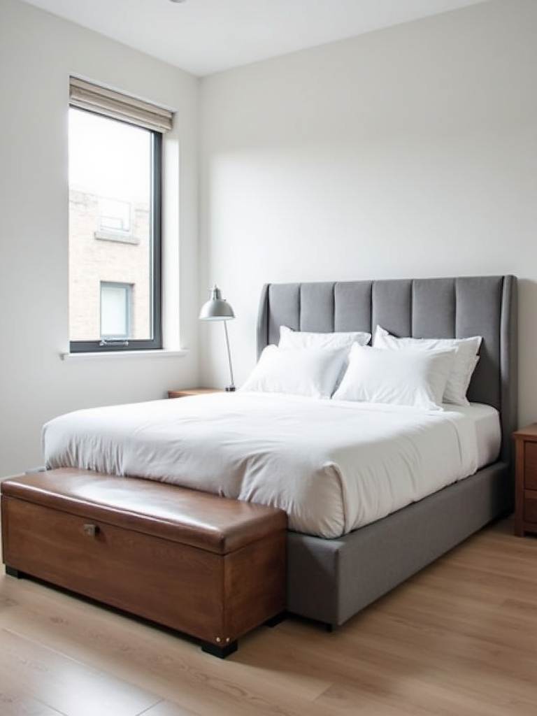 Small modern bedroom featuring a grey ottoman bed and a wooden storage bench at the foot of the bed, maximizing storage.