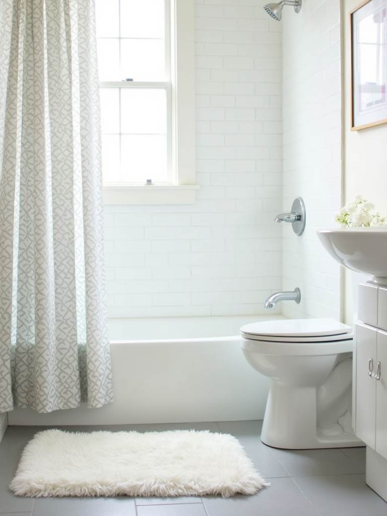 Bathroom with new patterned shower curtain and plush bath mat, an instant vibe change.