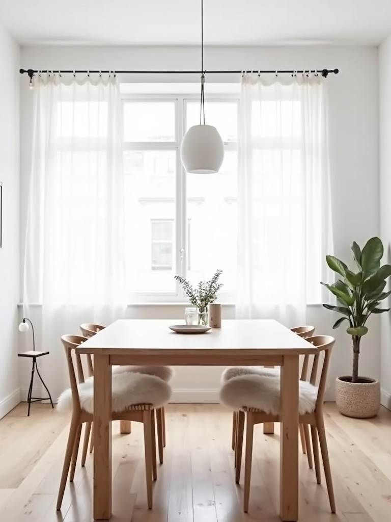 “Scandinavian dining room with a light wood table, pale wood chairs, sheepskin throws, simple pendant light, white walls, and light wood floors.”
