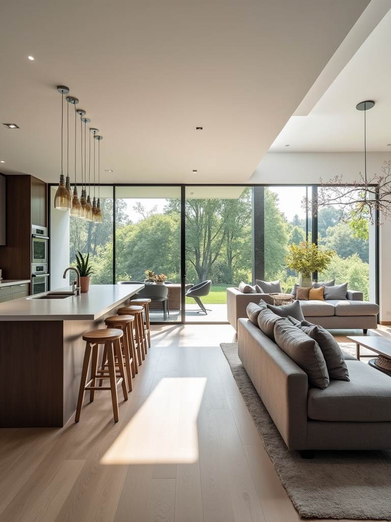 Open concept modern kitchen seamlessly flowing into a living room, designed as a social hub.