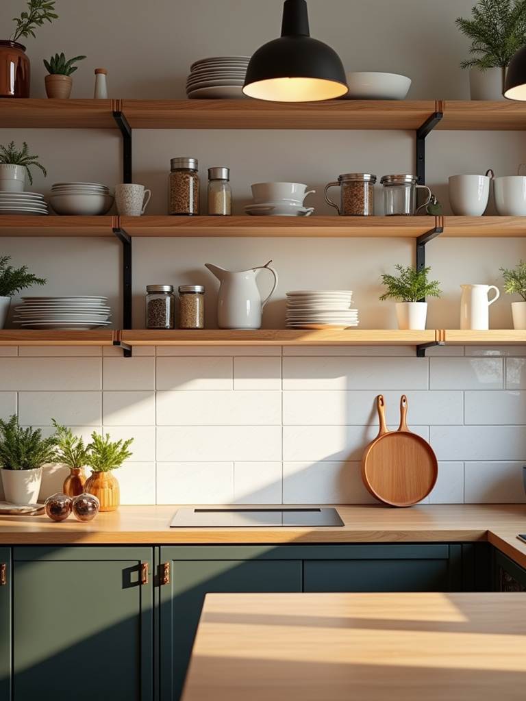 Modern kitchen with light wood open shelving styled with dishes, spices, and plants.