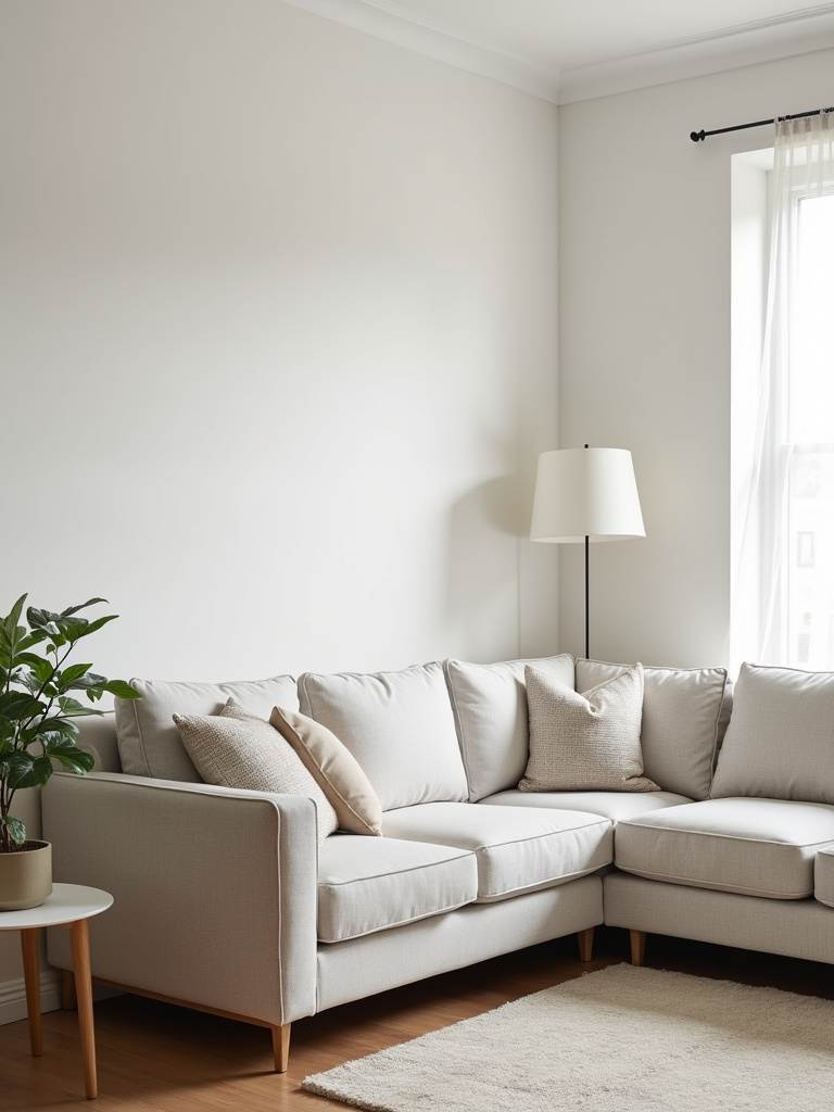 Minimalist living room featuring a corner sectional sofa that effectively utilizes and maximizes the corner space.