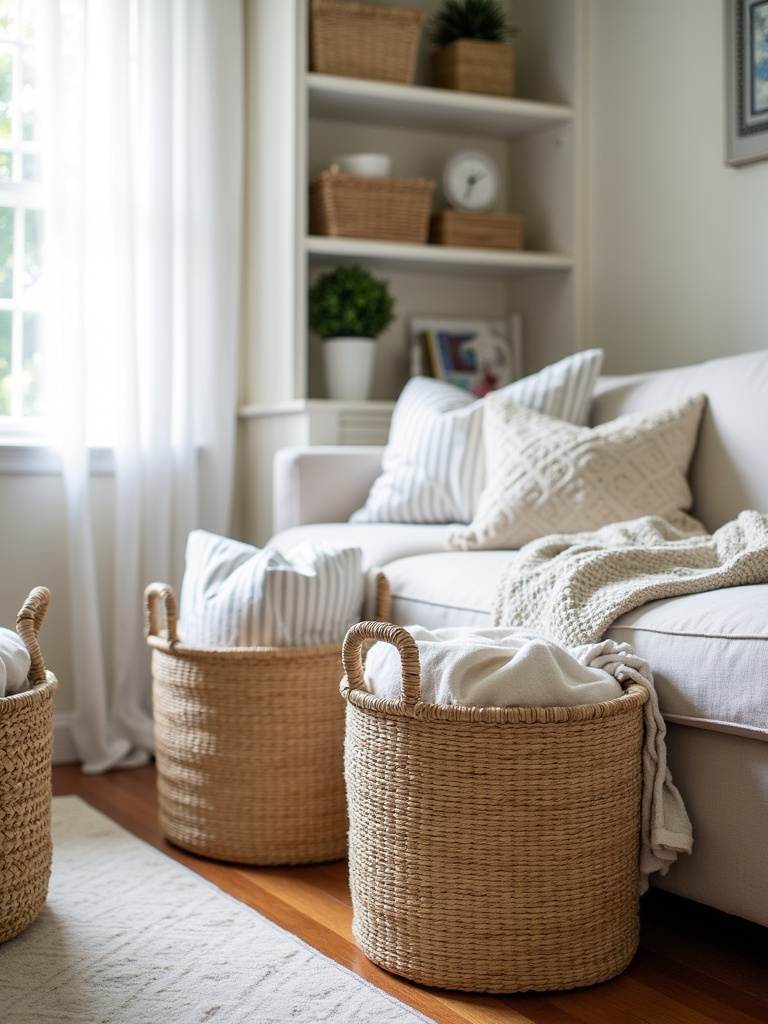 Well-organized living room featuring stylish baskets used for storage of blankets, pillows, and decorative items.