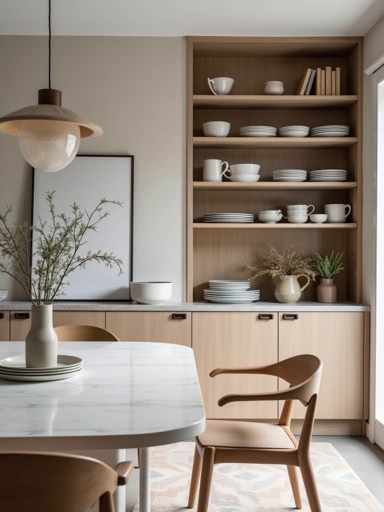 “Organized and stylish dining room with smart storage solutions, featuring a modern sideboard and built-in shelving, maintaining a clean and uncluttered aesthetic.”