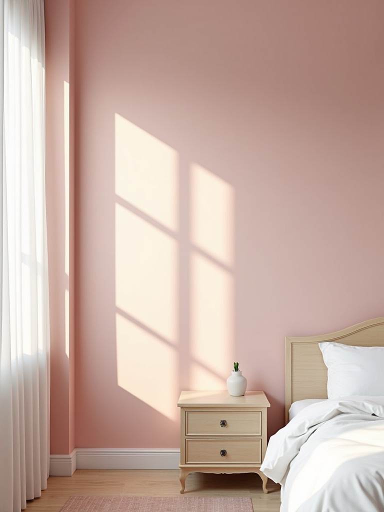 Bedroom with soft blush pink walls creating a romantic atmosphere.