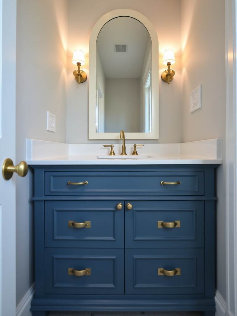 Bathroom vanity freshly painted navy blue with gold hardware, a cost-effective cabinet makeover.