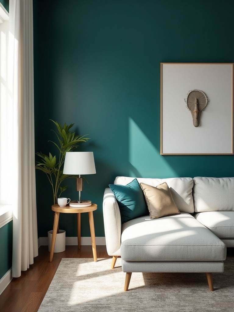 Modern living room with a bold teal accent wall serving as a backdrop for the sofa.