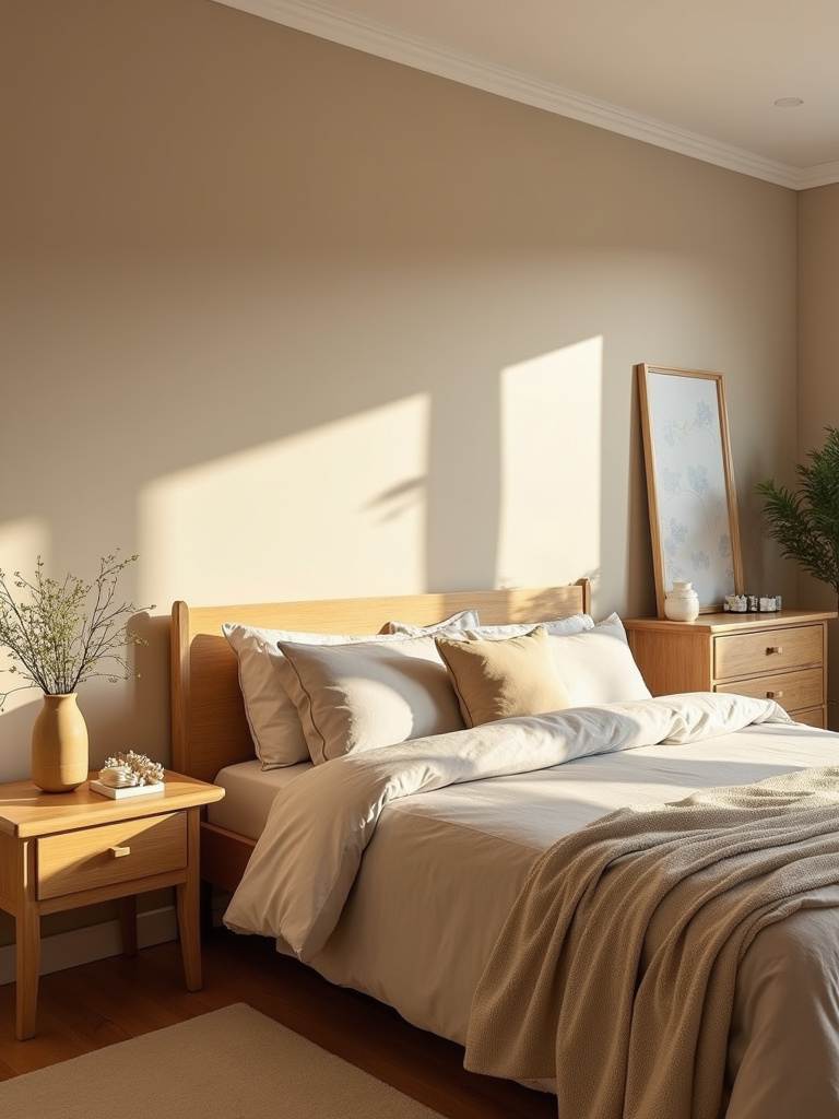Bedroom walls painted in a warm beige tone, enhancing the cozy and inviting ambiance.