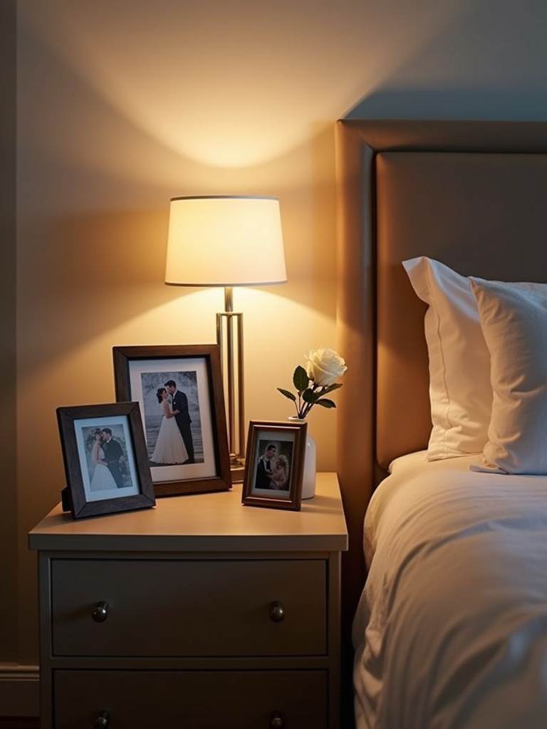 Bedside table with framed personal photos, a rose, and soft lamp light.