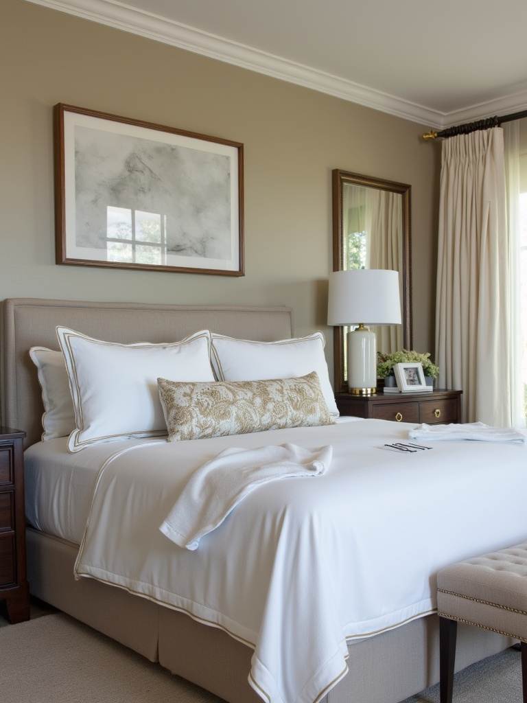 A luxury bedroom showcasing personalized elements including monogrammed bedding and custom artwork, creating an intimate and personalized space.