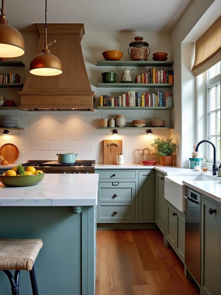 A luxury kitchen showcases personalized design elements including unique vintage pendant lights, a curated cookbook display, and a custom-painted kitchen island, creating a warm and inviting space that reflects individual style.