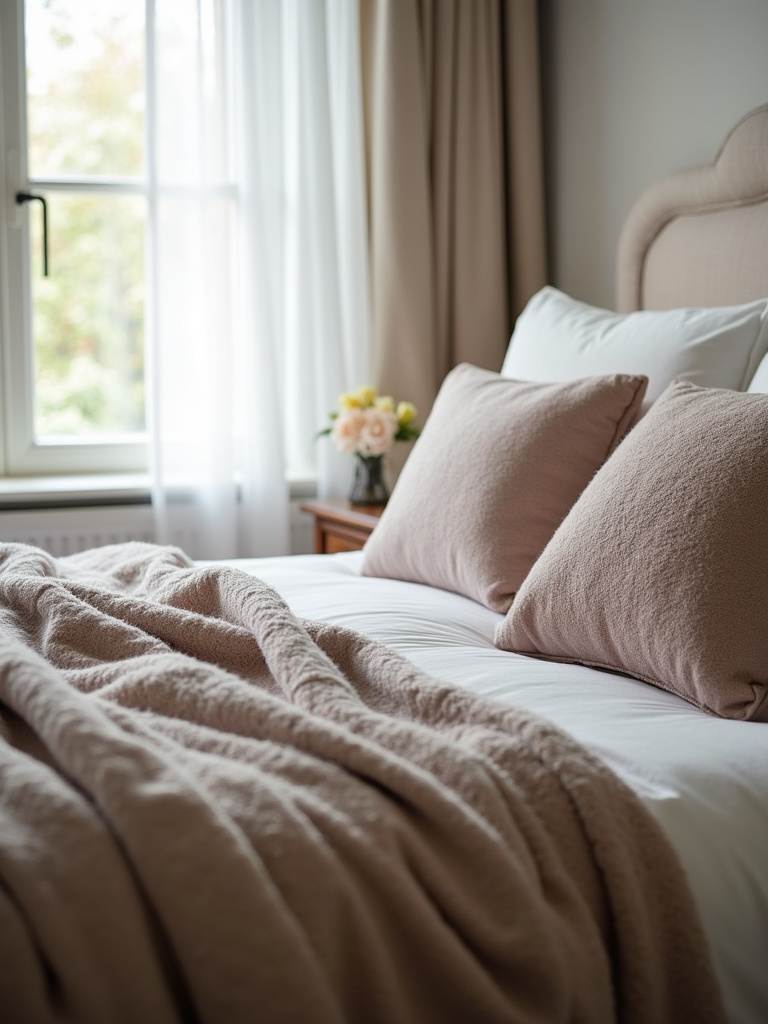 Bed lavishly decorated with throw pillows and a cozy blanket, enhancing bedroom comfort.