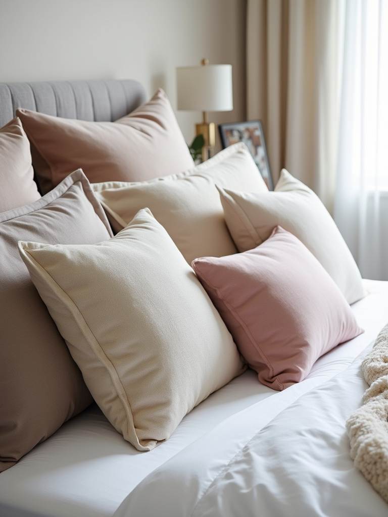 Luxurious bed with a variety of textured pillows in neutral tones.