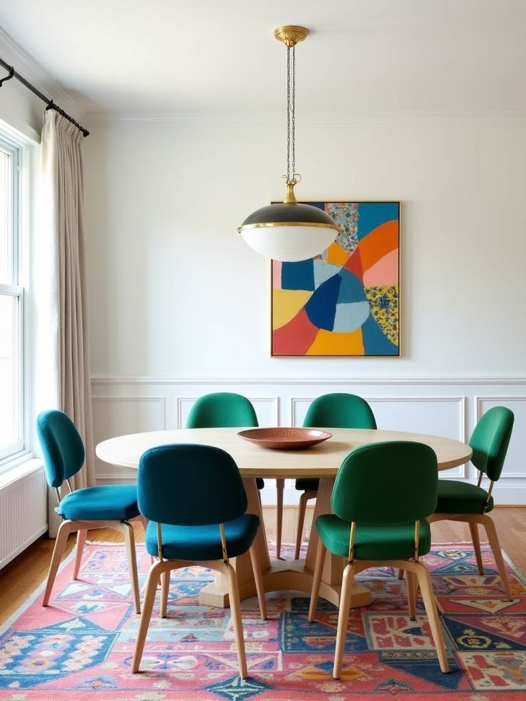 “Dining room with pops of bold color, featuring vibrant jewel-toned dining chairs and colorful artwork against a neutral backdrop.”