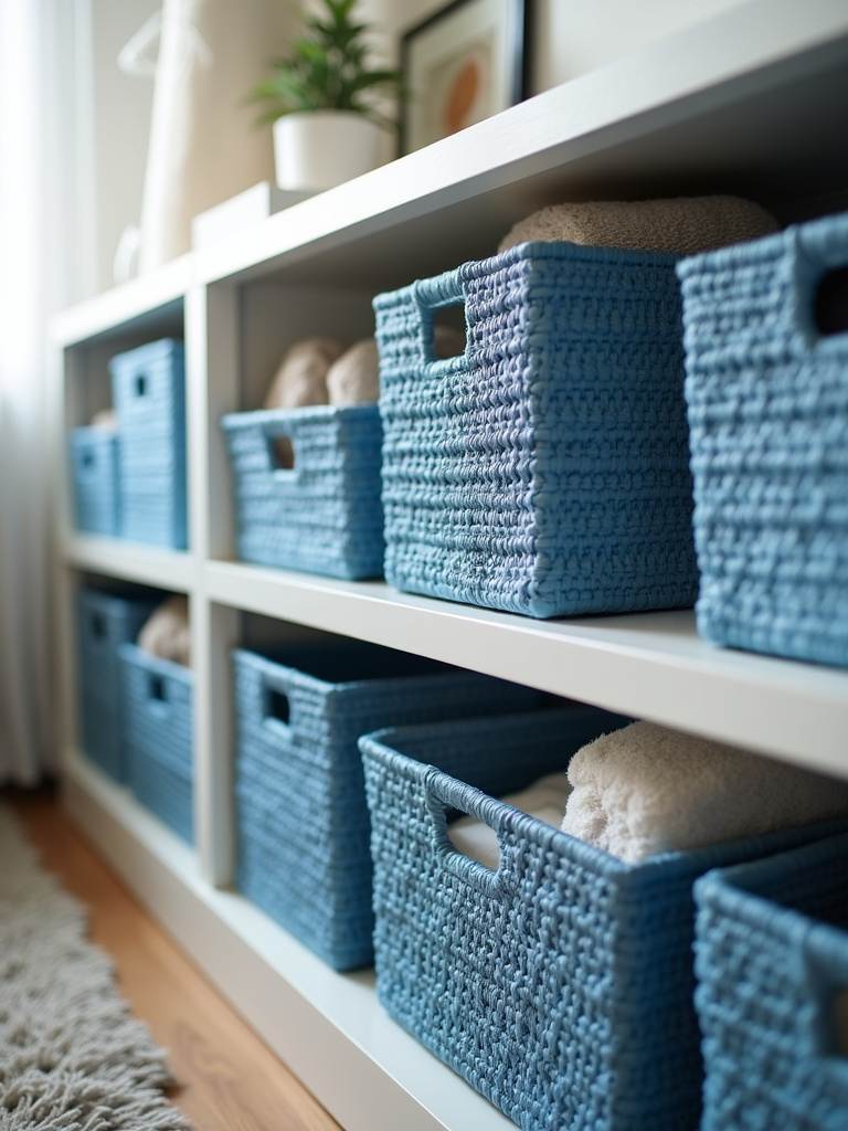 Bedroom shelf or under-bed storage area with blue woven storage baskets of different sizes and textures, some containing neatly folded blankets and linens, showcasing practical organization.