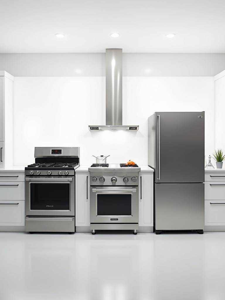A suite of professional-grade stainless steel kitchen appliances, including a range, oven, and refrigerator, is showcased in a bright studio setting, emphasizing their sleek and durable design.