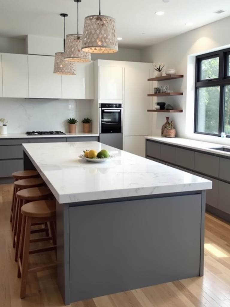 Modern kitchen island featuring a white quartz countertop with a waterfall edge.